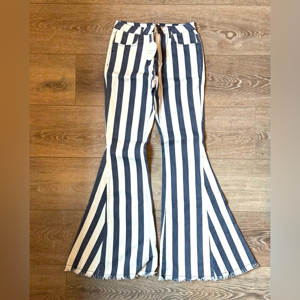 Saints & Hearts Navy and cream strip Bell Bottom Jeans